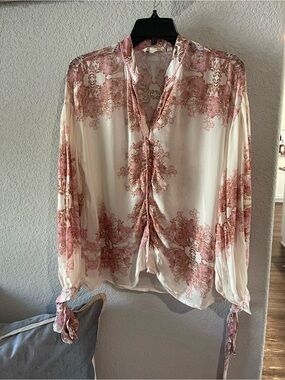 Ruched V-Neck Floral Blouse — Cream with Pink Floral Print